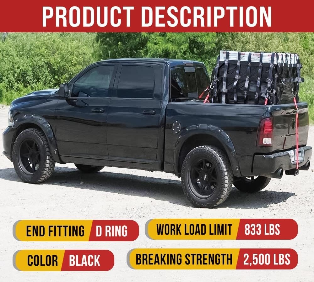 Heavy Duty Cargo Net for Pickup Truck Bed with D Rings Tie Down Fittings - Durable Truck Bed Cargo Net with 6 Cam Buckle Tie Down Straps for Adjusment