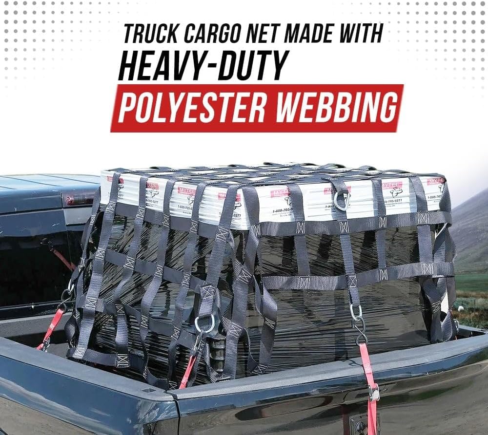 Heavy Duty Cargo Net for Pickup Truck Bed with D Rings Tie Down Fittings - Durable Truck Bed Cargo Net with 6 Cam Buckle Tie Down Straps for Adjusment