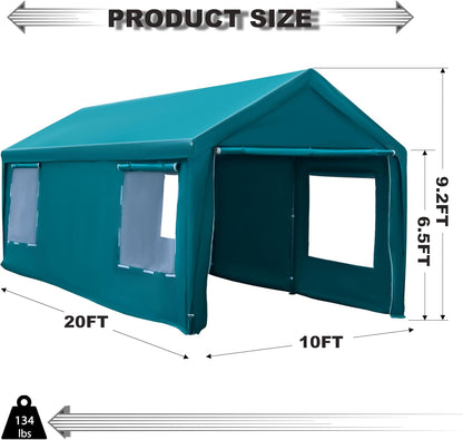 Carport Canopy 10x20 FT Heavy Duty Car Tent with Removable Sidewalls & Doors, Portable Car Port Garage Shelter for Boat, Party, Outdoor Camping Tent, UV Resistant (Blue Green, 10x20ft)