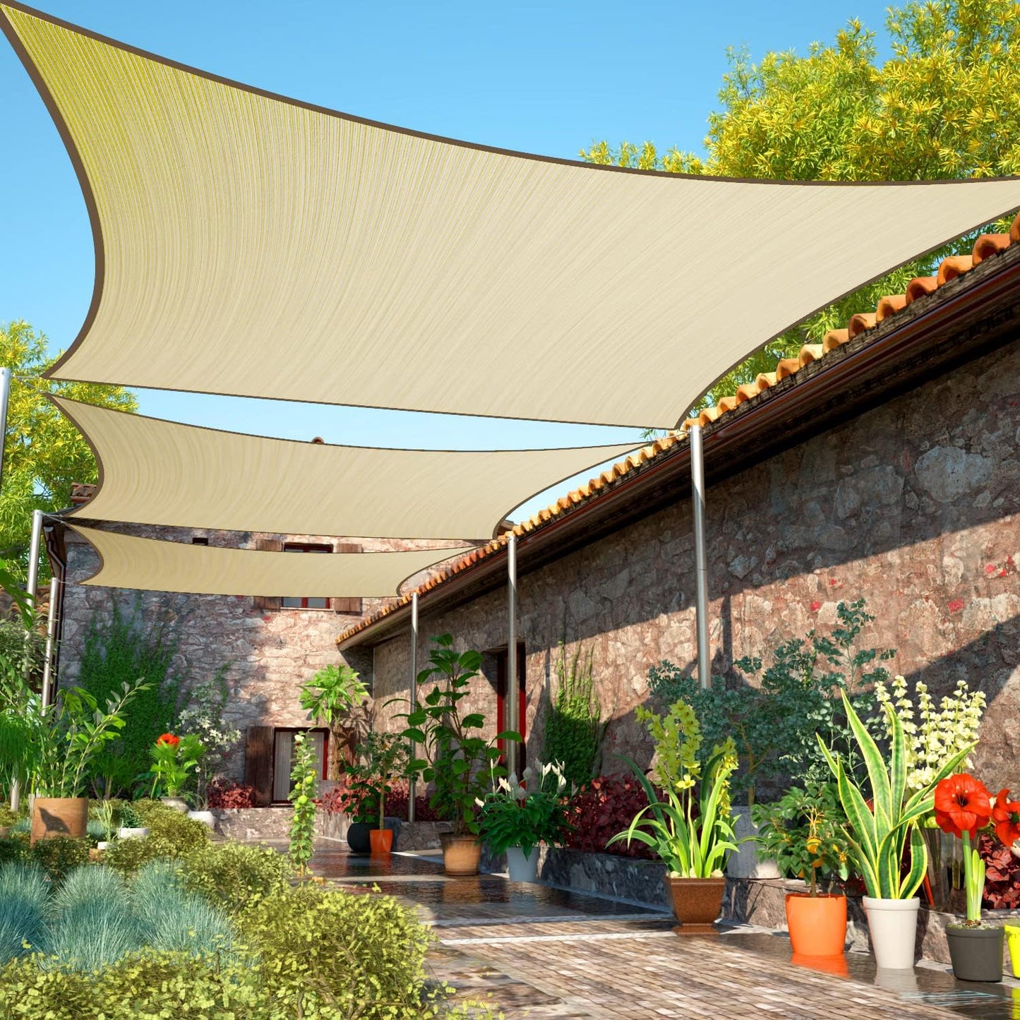 Beige Sun Shade Sail UPF50 Square smTAPR1220 Canopy Fabric Cloth Screen, Water Permeable & UV Resistant, Heavy Duty, Carport Patio Outdoor - We Customize Size